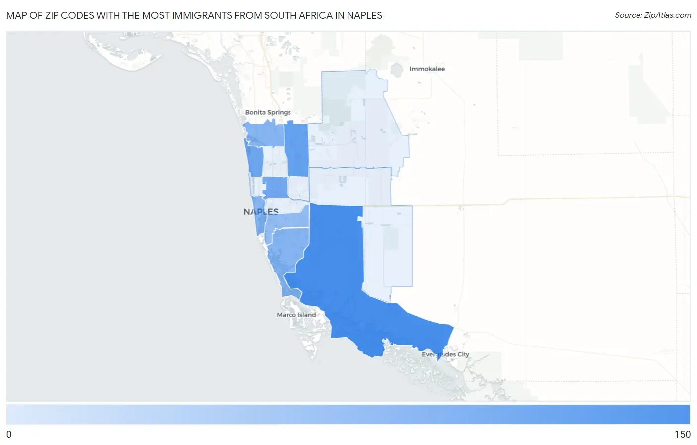 Zip Codes with the Most Immigrants from South Africa in Naples Map