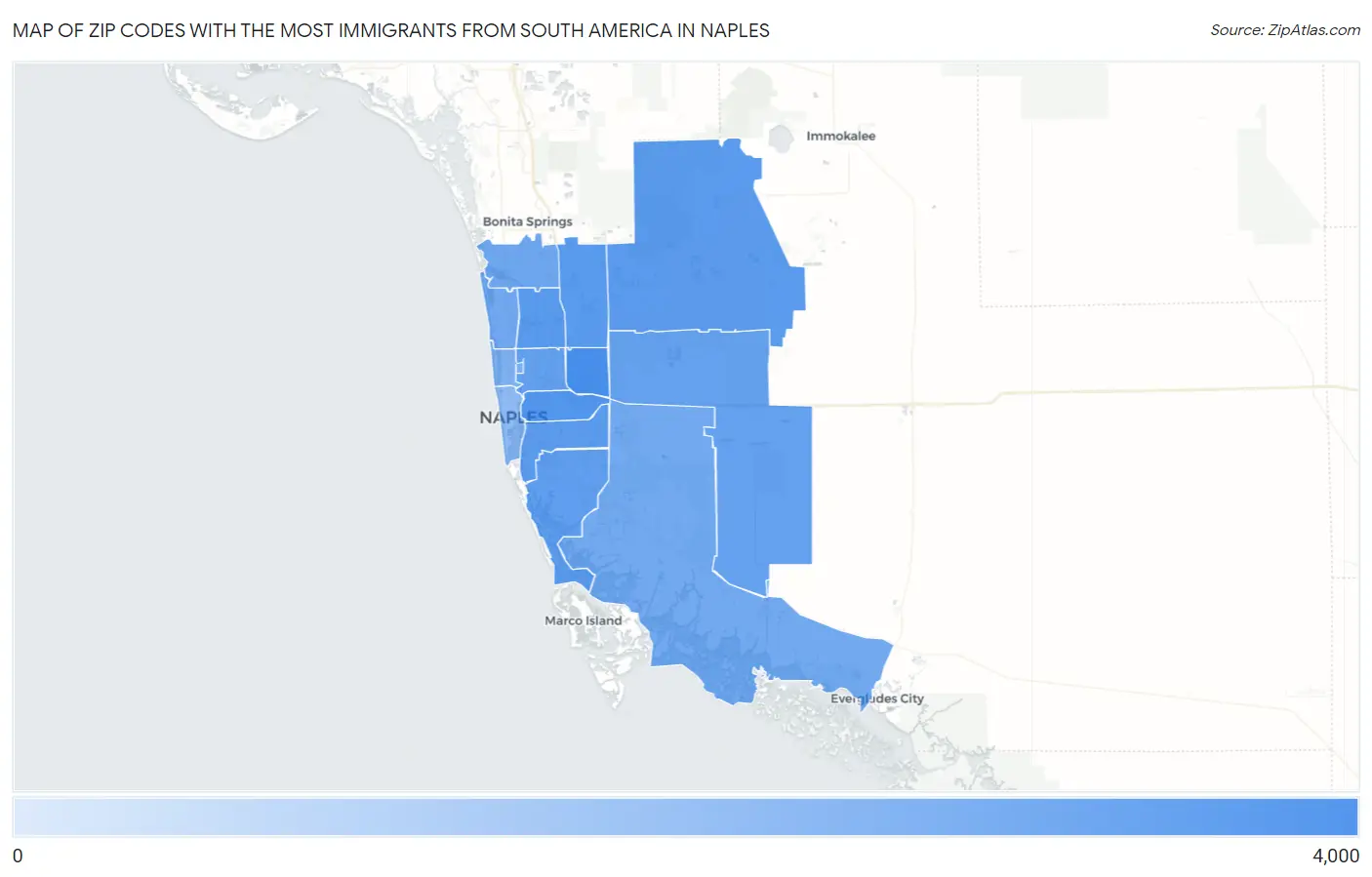 Zip Codes with the Most Immigrants from South America in Naples Map