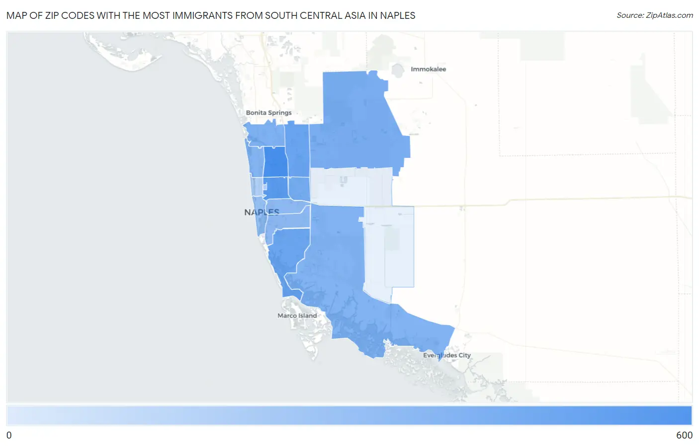 Zip Codes with the Most Immigrants from South Central Asia in Naples Map