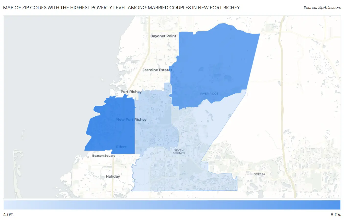Zip Codes with the Highest Poverty Level Among Married Couples in New Port Richey Map