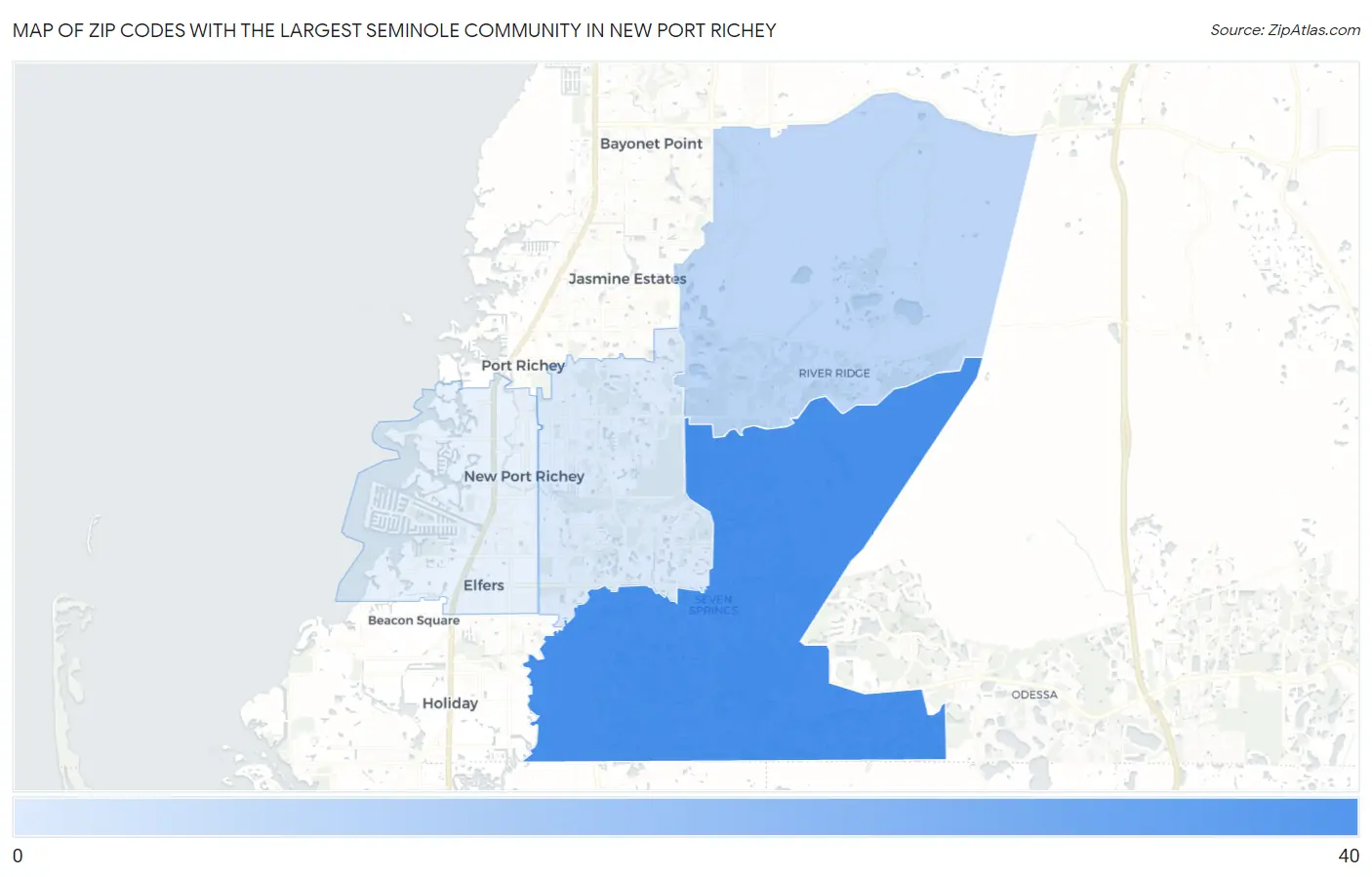 Zip Codes with the Largest Seminole Community in New Port Richey Map