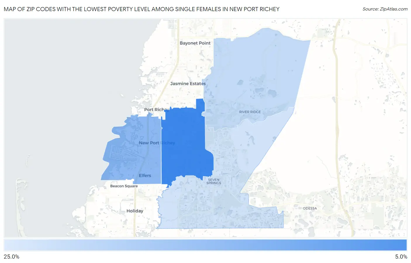Zip Codes with the Lowest Poverty Level Among Single Females in New Port Richey Map