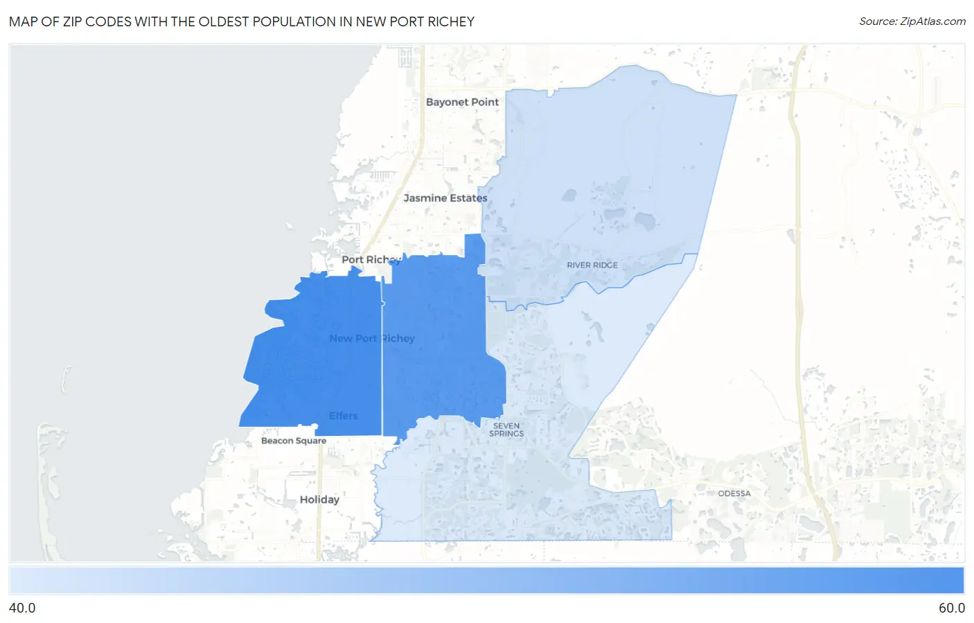 Zip Codes with the Oldest Population in New Port Richey Map