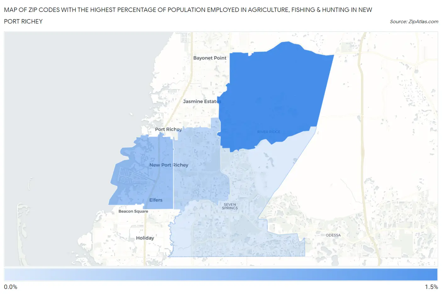 Zip Codes with the Highest Percentage of Population Employed in Agriculture, Fishing & Hunting in New Port Richey Map