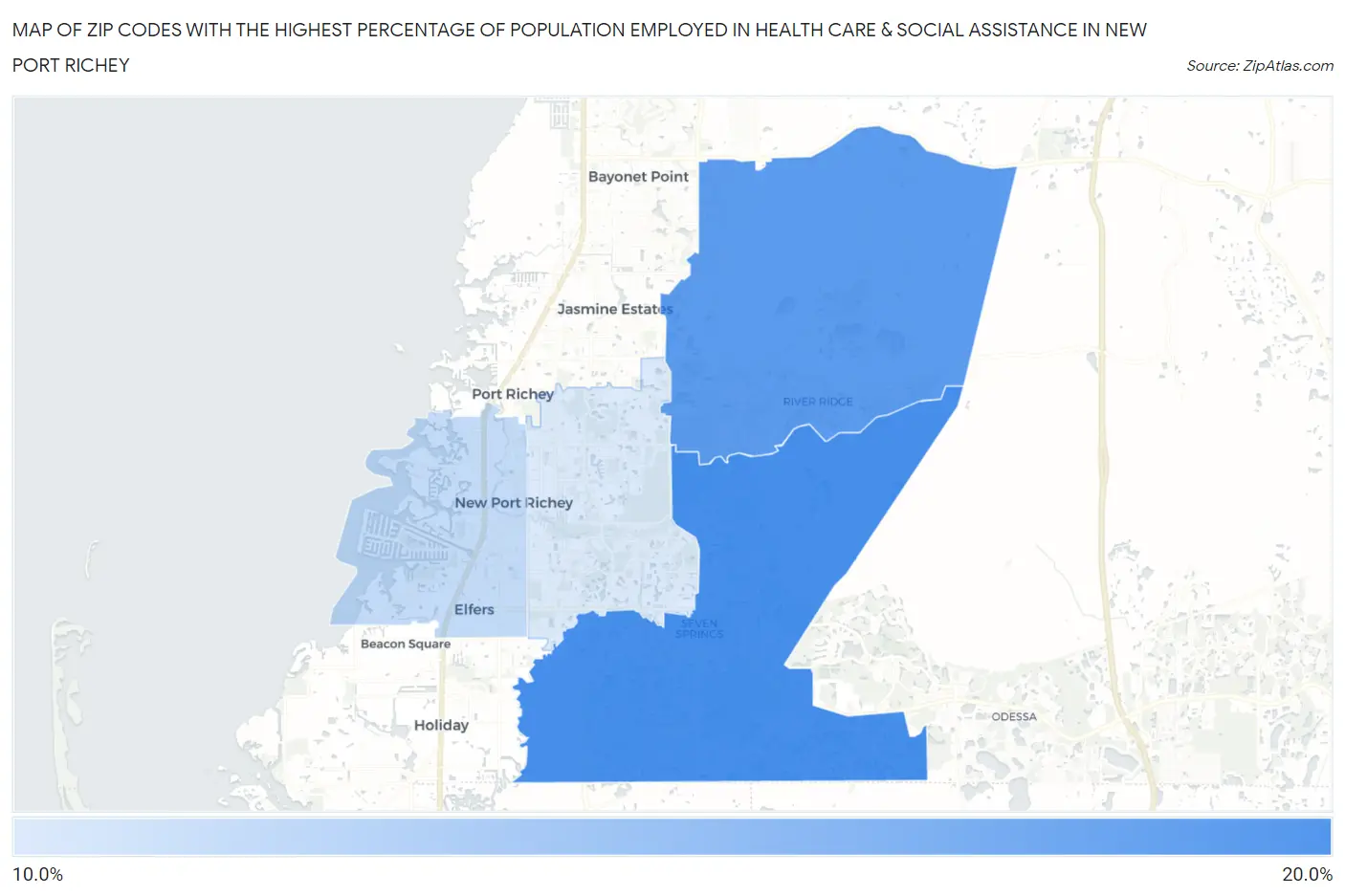 Zip Codes with the Highest Percentage of Population Employed in Health Care & Social Assistance in New Port Richey Map