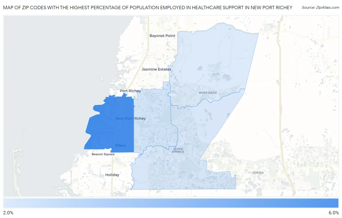 Zip Codes with the Highest Percentage of Population Employed in Healthcare Support in New Port Richey Map