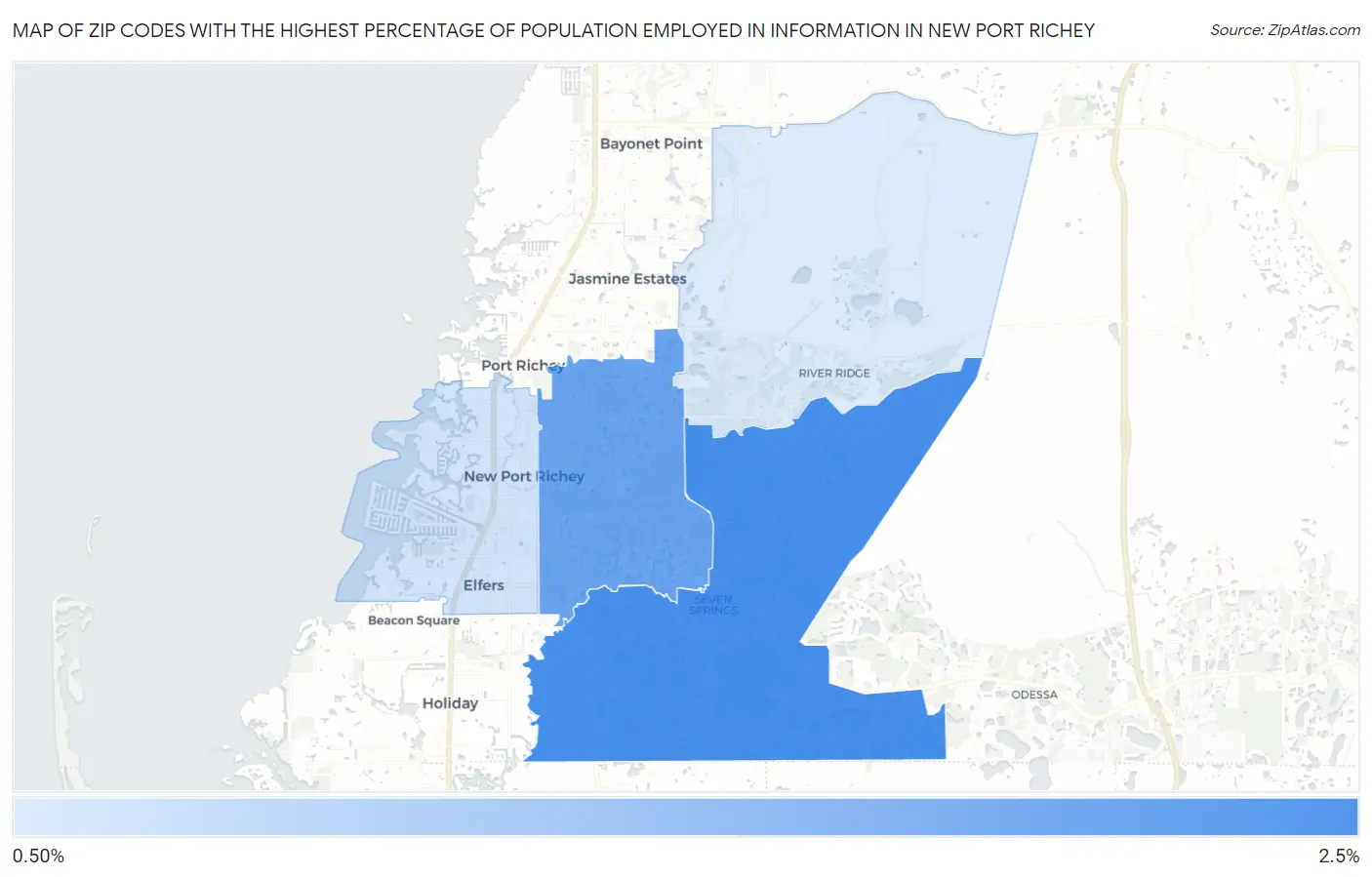 Zip Codes with the Highest Percentage of Population Employed in Information in New Port Richey Map