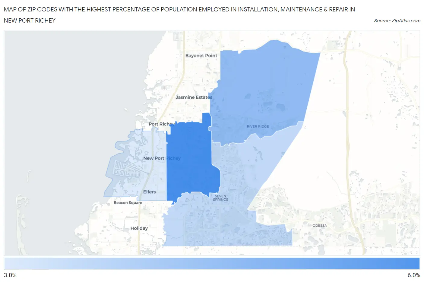Zip Codes with the Highest Percentage of Population Employed in Installation, Maintenance & Repair in New Port Richey Map