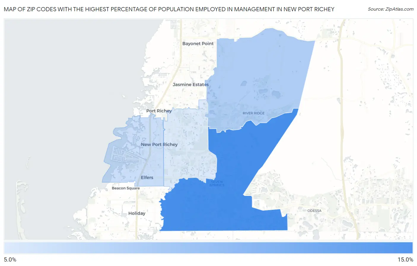 Zip Codes with the Highest Percentage of Population Employed in Management in New Port Richey Map