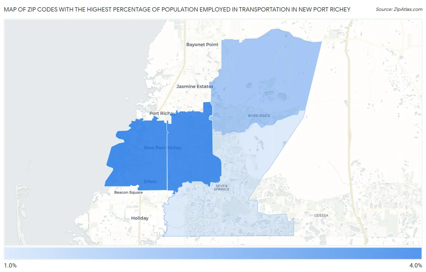 Zip Codes with the Highest Percentage of Population Employed in Transportation in New Port Richey Map