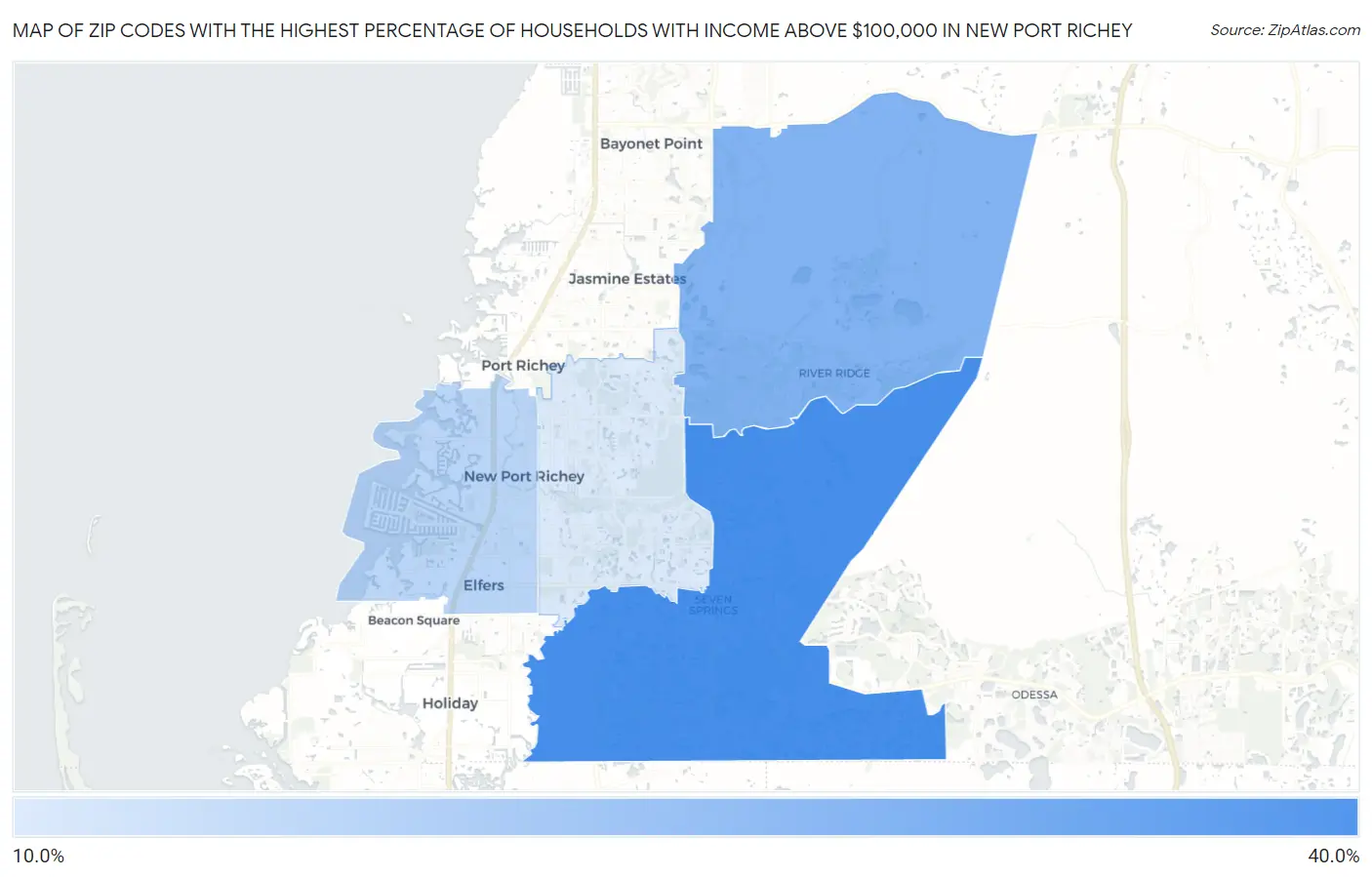 Zip Codes with the Highest Percentage of Households with Income Above $100,000 in New Port Richey Map