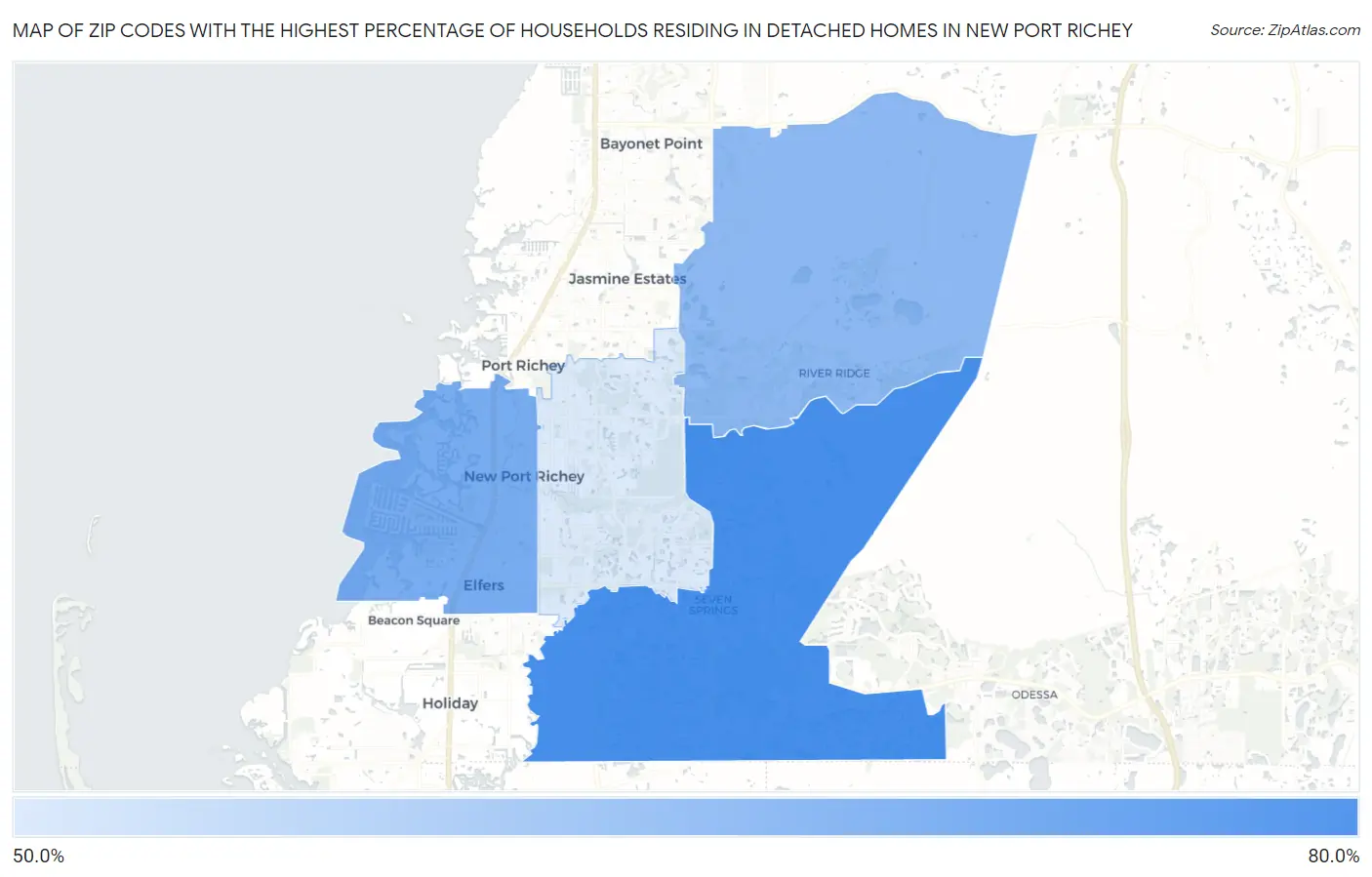 Zip Codes with the Highest Percentage of Households Residing in Detached Homes in New Port Richey Map