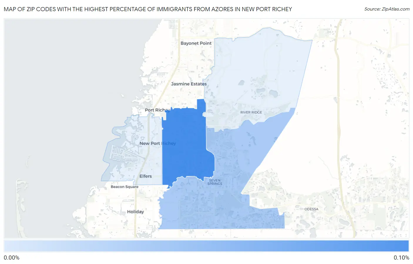 Zip Codes with the Highest Percentage of Immigrants from Azores in New Port Richey Map