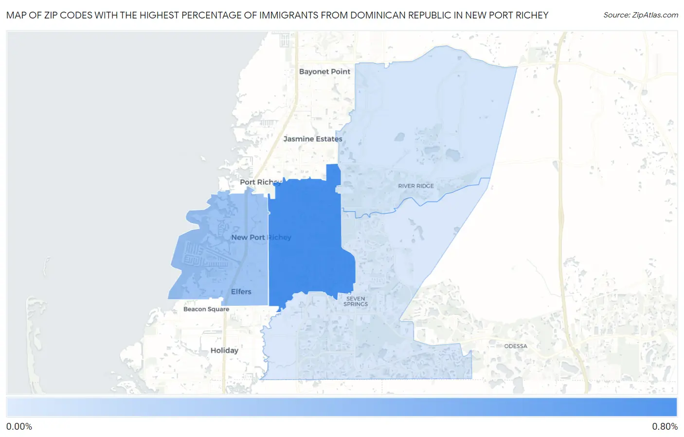 Zip Codes with the Highest Percentage of Immigrants from Dominican Republic in New Port Richey Map