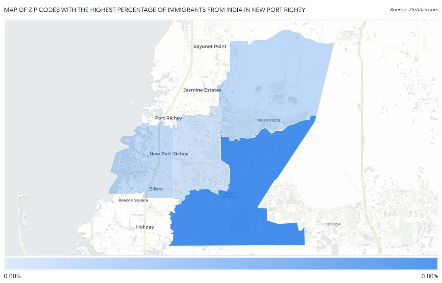 Zip Codes with the Highest Percentage of Immigrants from India in New Port Richey Map