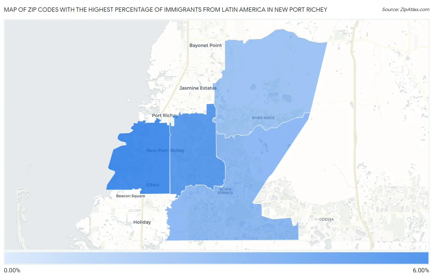 Zip Codes with the Highest Percentage of Immigrants from Latin America in New Port Richey Map