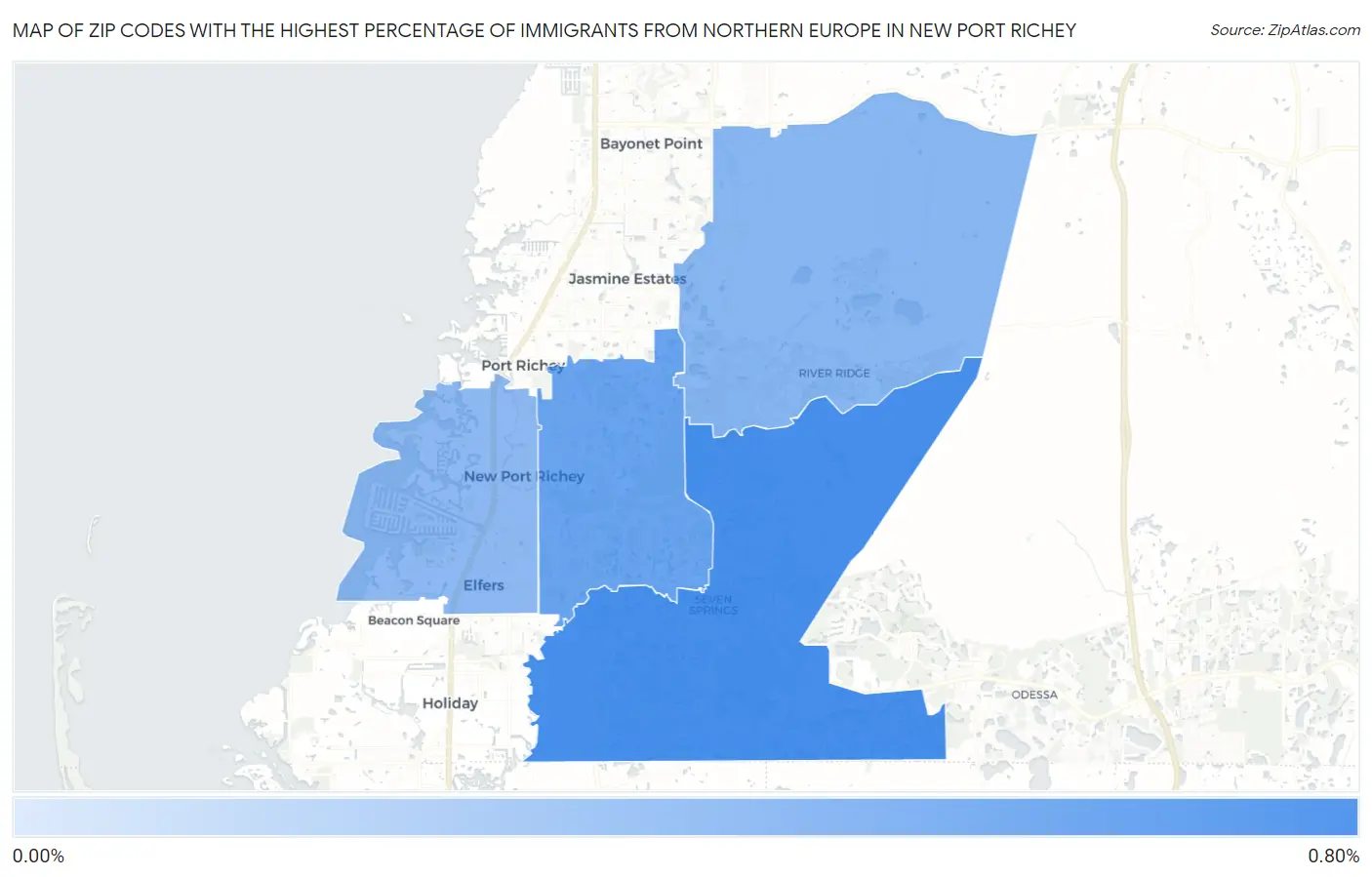 Zip Codes with the Highest Percentage of Immigrants from Northern Europe in New Port Richey Map
