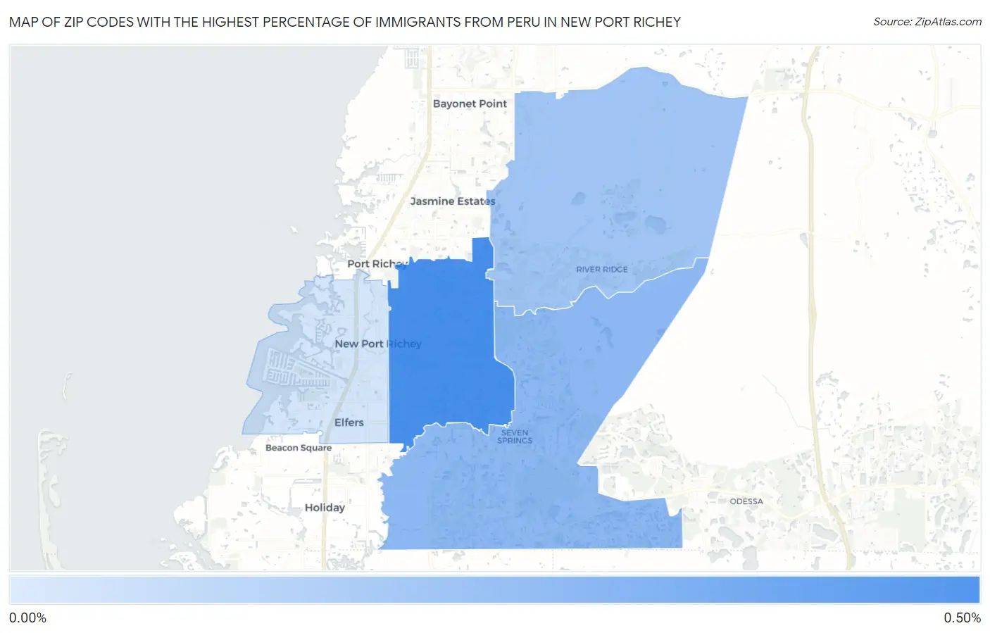 Zip Codes with the Highest Percentage of Immigrants from Peru in New Port Richey Map