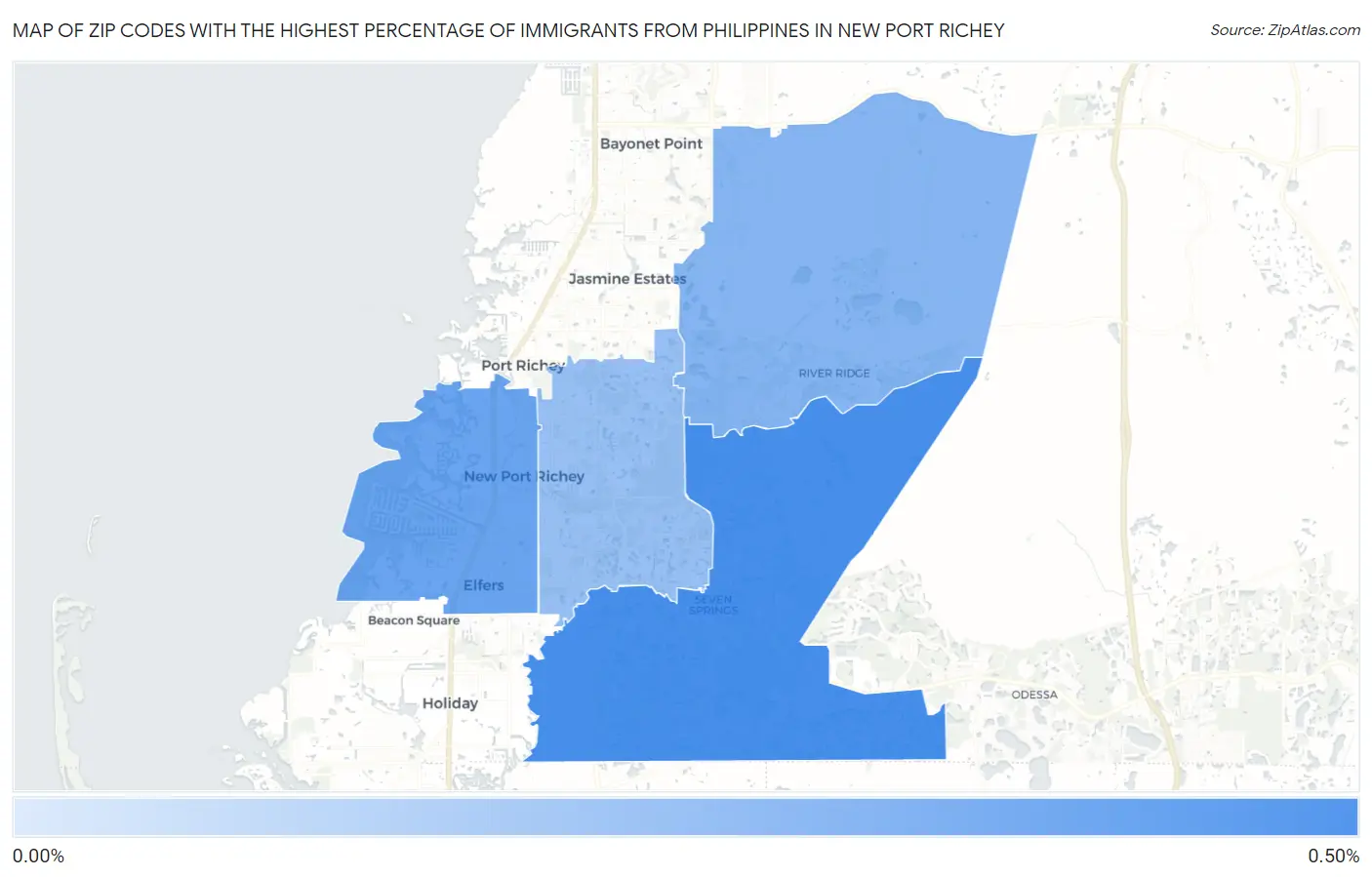 Zip Codes with the Highest Percentage of Immigrants from Philippines in New Port Richey Map