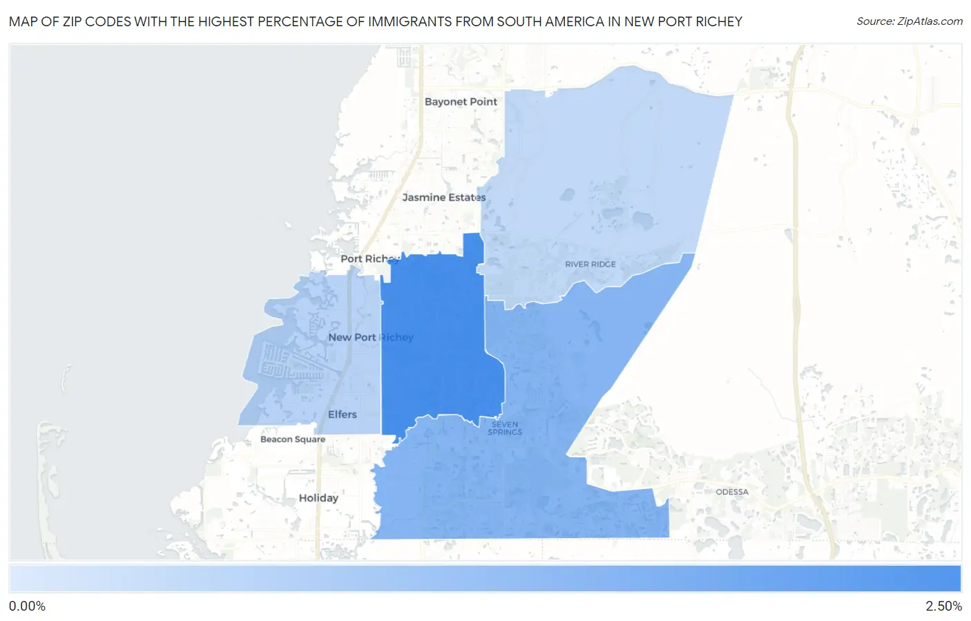 Zip Codes with the Highest Percentage of Immigrants from South America in New Port Richey Map