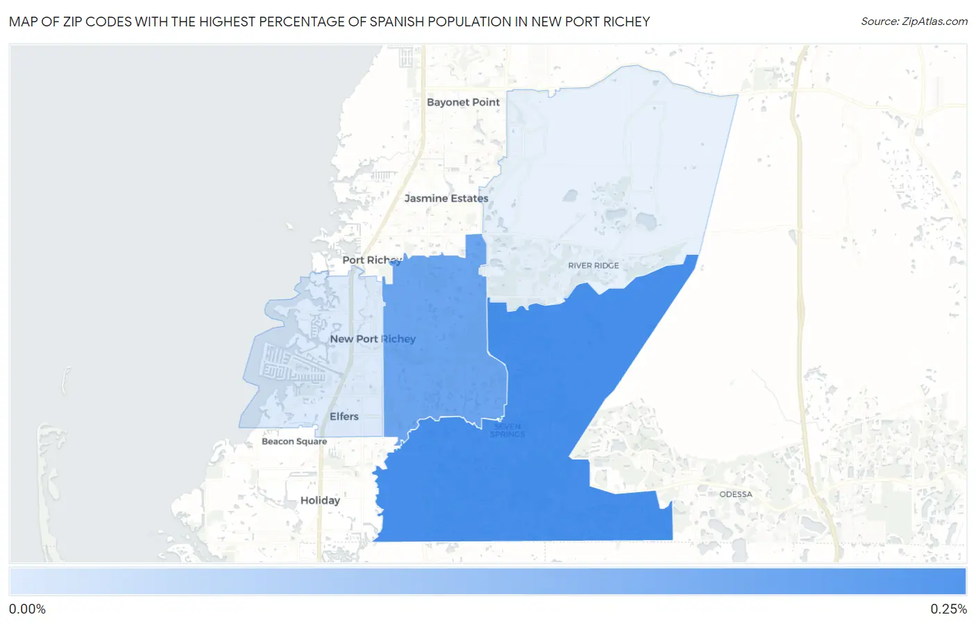 Zip Codes with the Highest Percentage of Spanish Population in New Port Richey Map