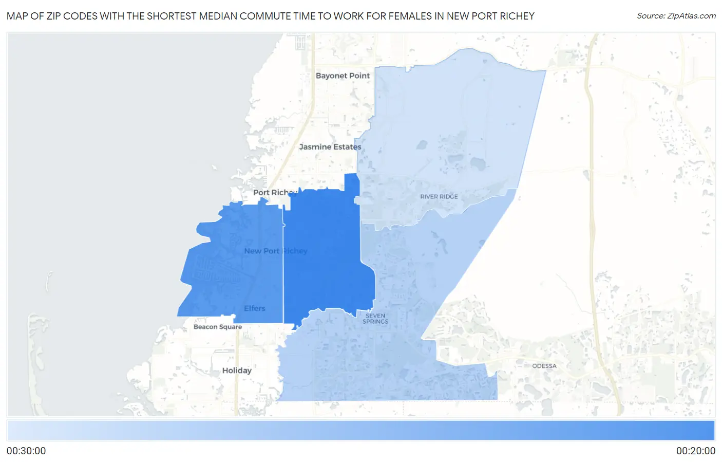 Zip Codes with the Shortest Median Commute Time to Work for Females in New Port Richey Map