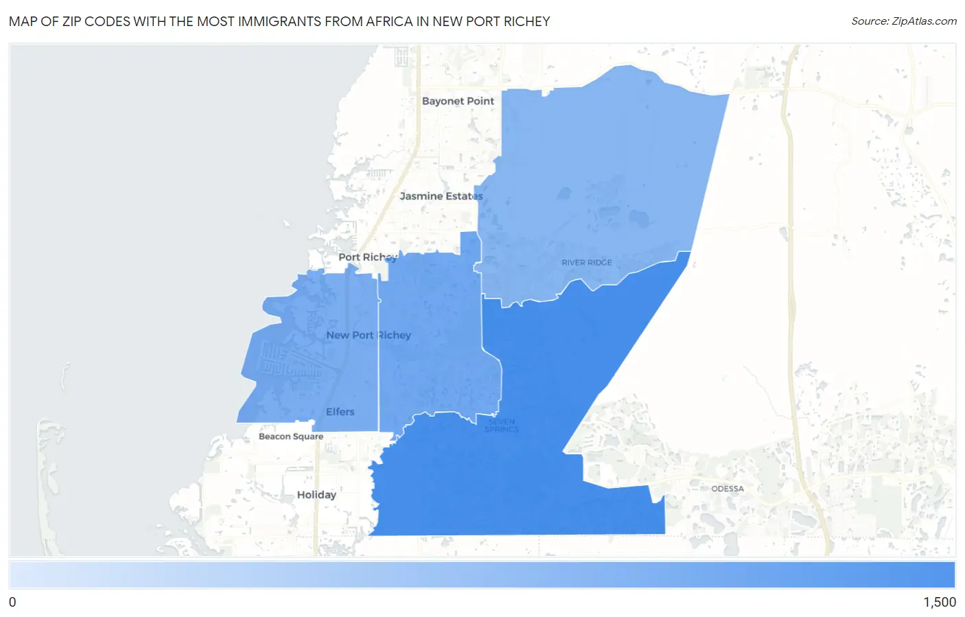 Zip Codes with the Most Immigrants from Africa in New Port Richey Map