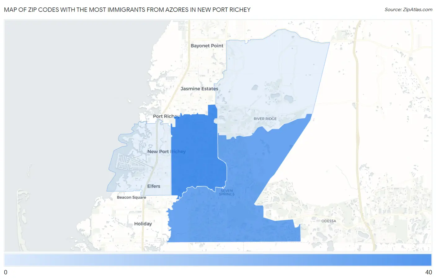 Zip Codes with the Most Immigrants from Azores in New Port Richey Map
