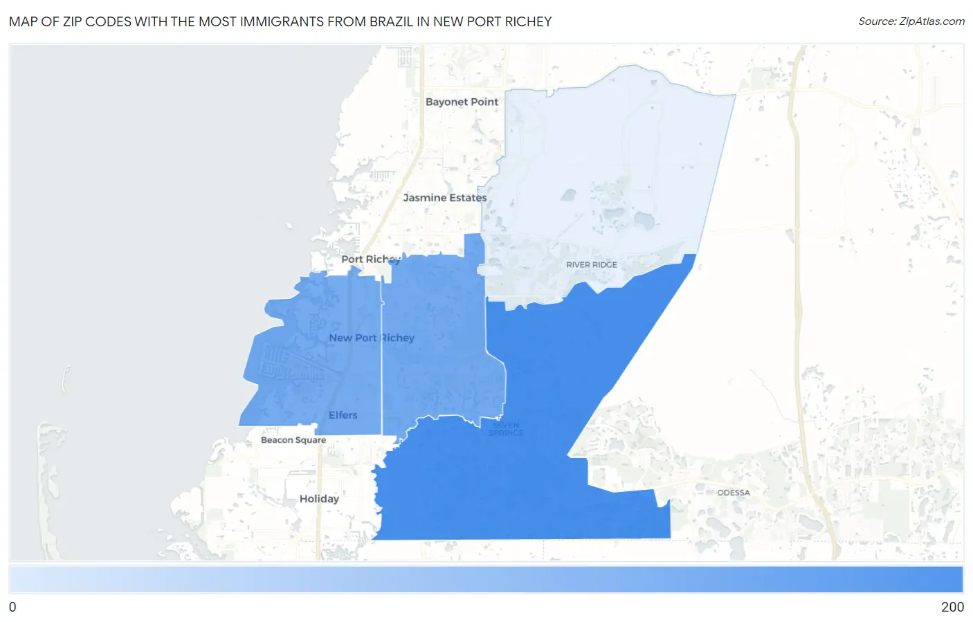 Zip Codes with the Most Immigrants from Brazil in New Port Richey Map