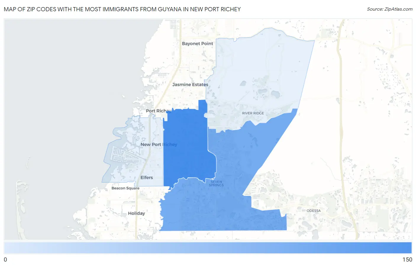 Zip Codes with the Most Immigrants from Guyana in New Port Richey Map