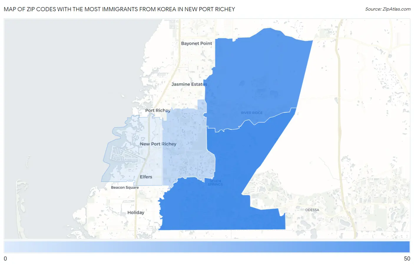 Zip Codes with the Most Immigrants from Korea in New Port Richey Map