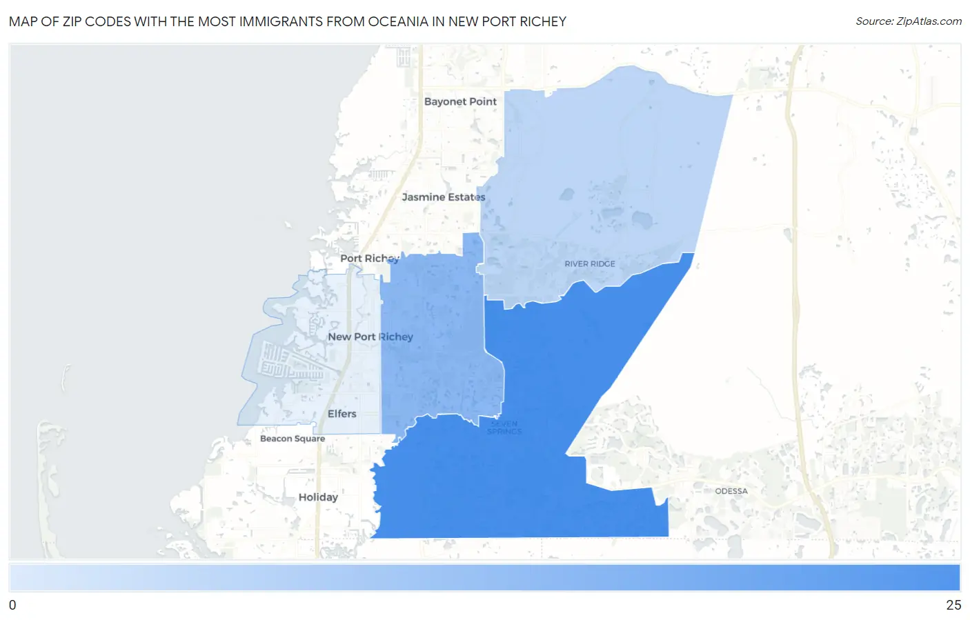 Zip Codes with the Most Immigrants from Oceania in New Port Richey Map