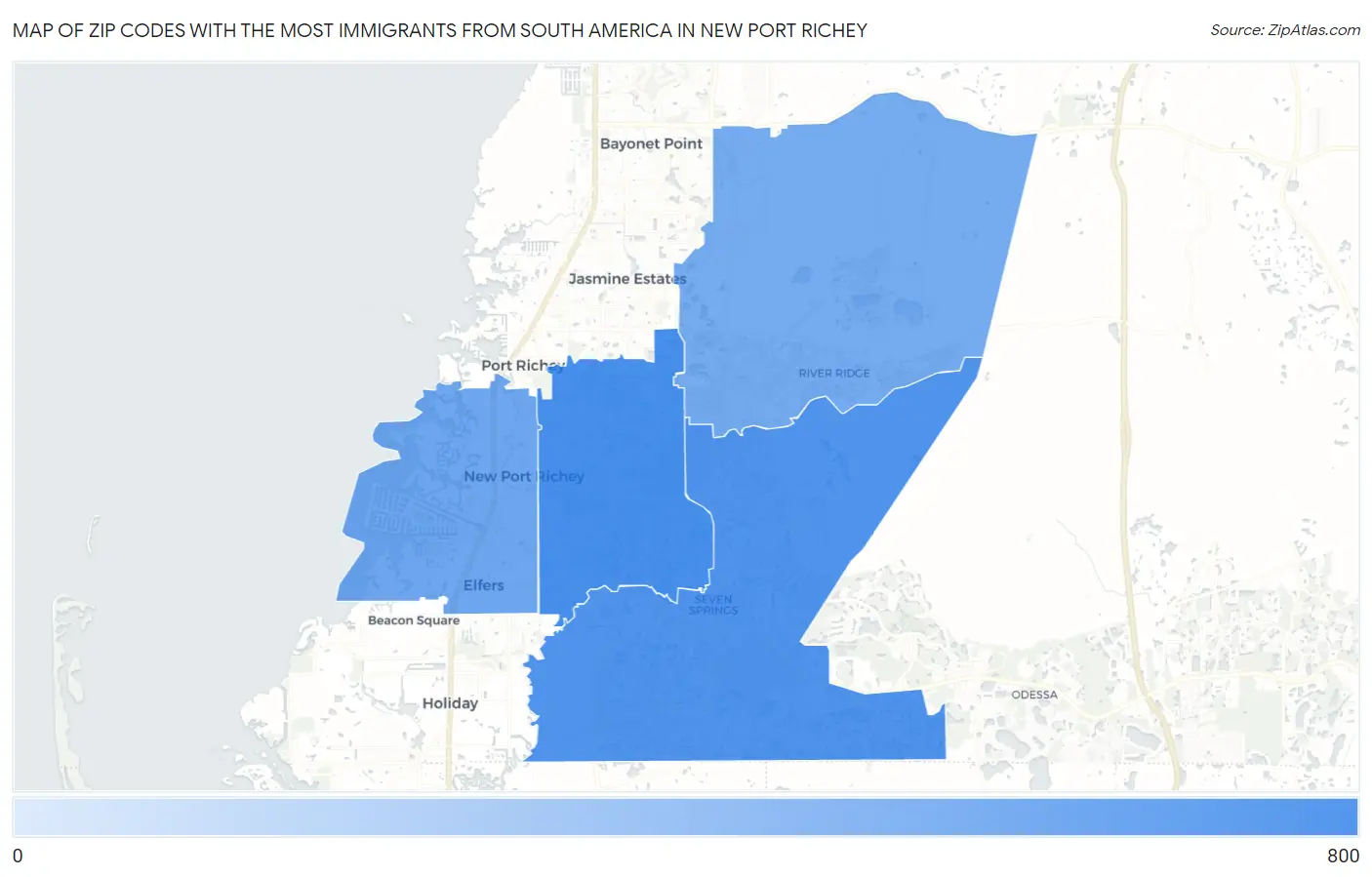 Zip Codes with the Most Immigrants from South America in New Port Richey Map