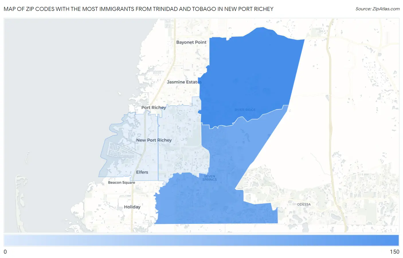 Zip Codes with the Most Immigrants from Trinidad and Tobago in New Port Richey Map