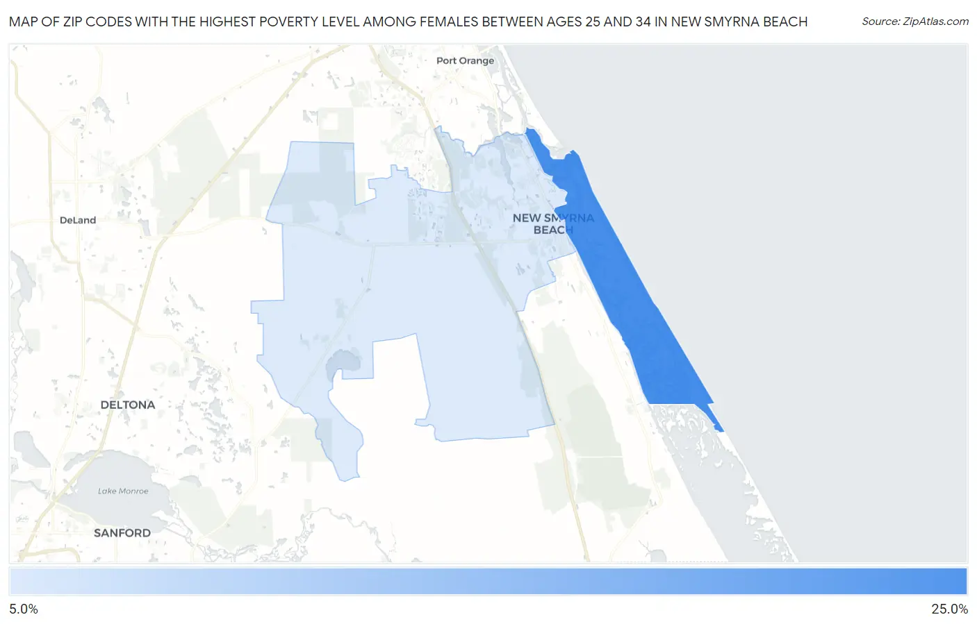 Zip Codes with the Highest Poverty Level Among Females Between Ages 25 and 34 in New Smyrna Beach Map