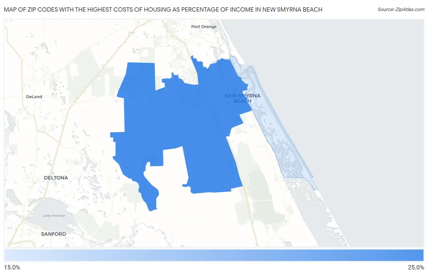 Zip Codes with the Highest Costs of Housing as Percentage of Income in New Smyrna Beach Map