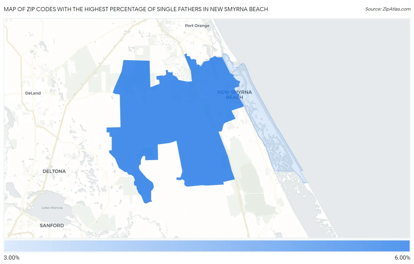 Zip Codes with the Highest Percentage of Single Fathers in New Smyrna Beach Map