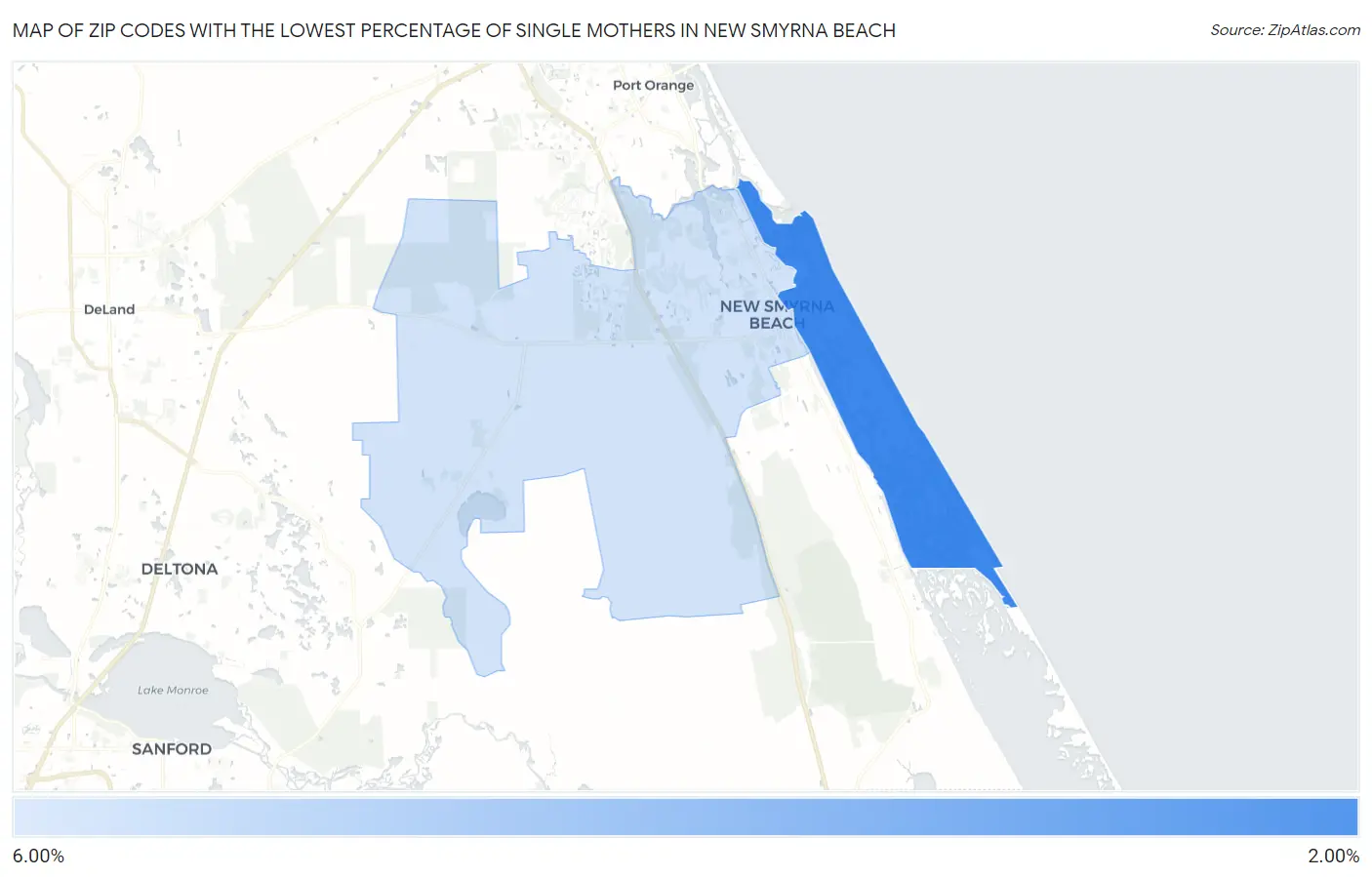 Zip Codes with the Lowest Percentage of Single Mothers in New Smyrna Beach Map