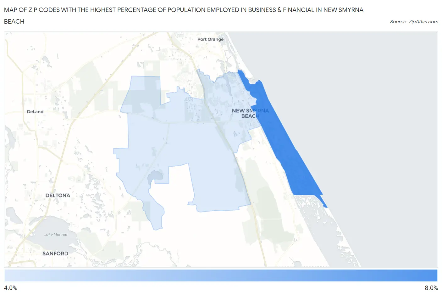 Zip Codes with the Highest Percentage of Population Employed in Business & Financial in New Smyrna Beach Map
