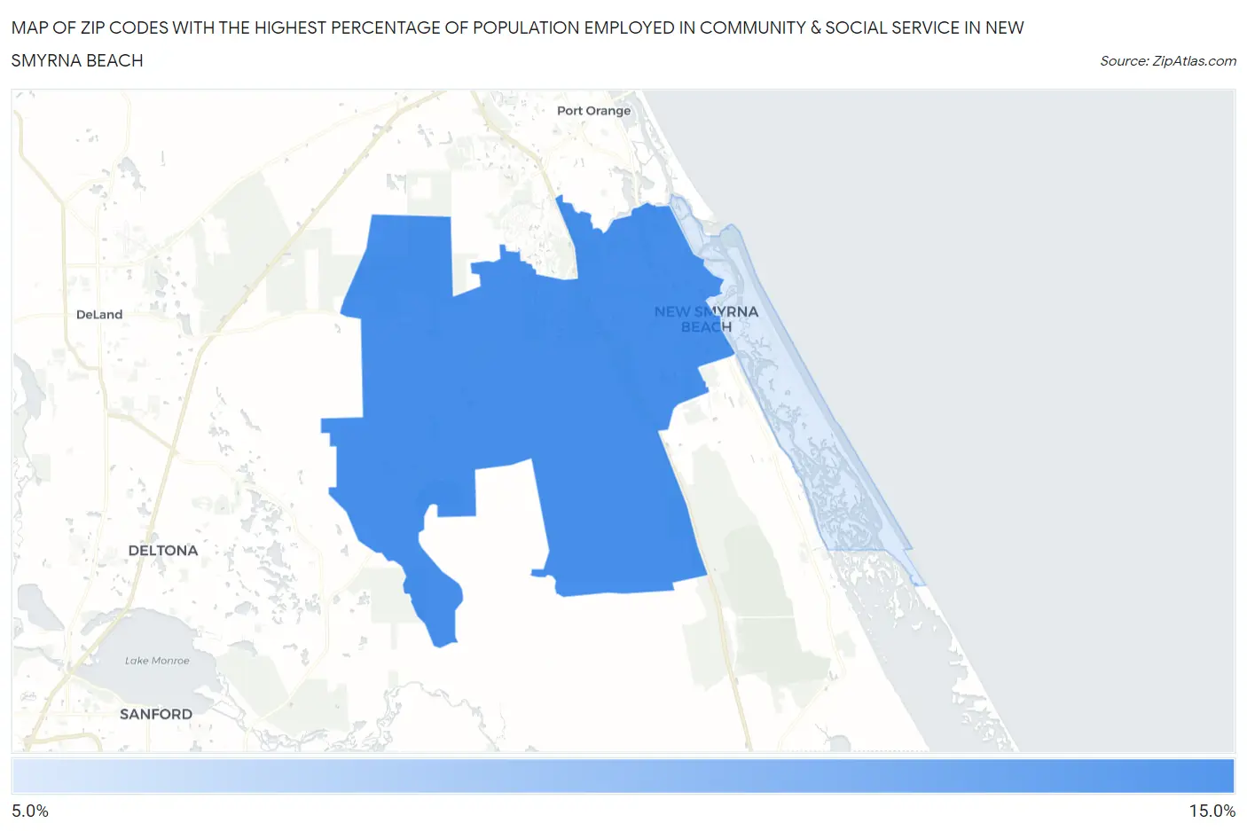 Zip Codes with the Highest Percentage of Population Employed in Community & Social Service  in New Smyrna Beach Map