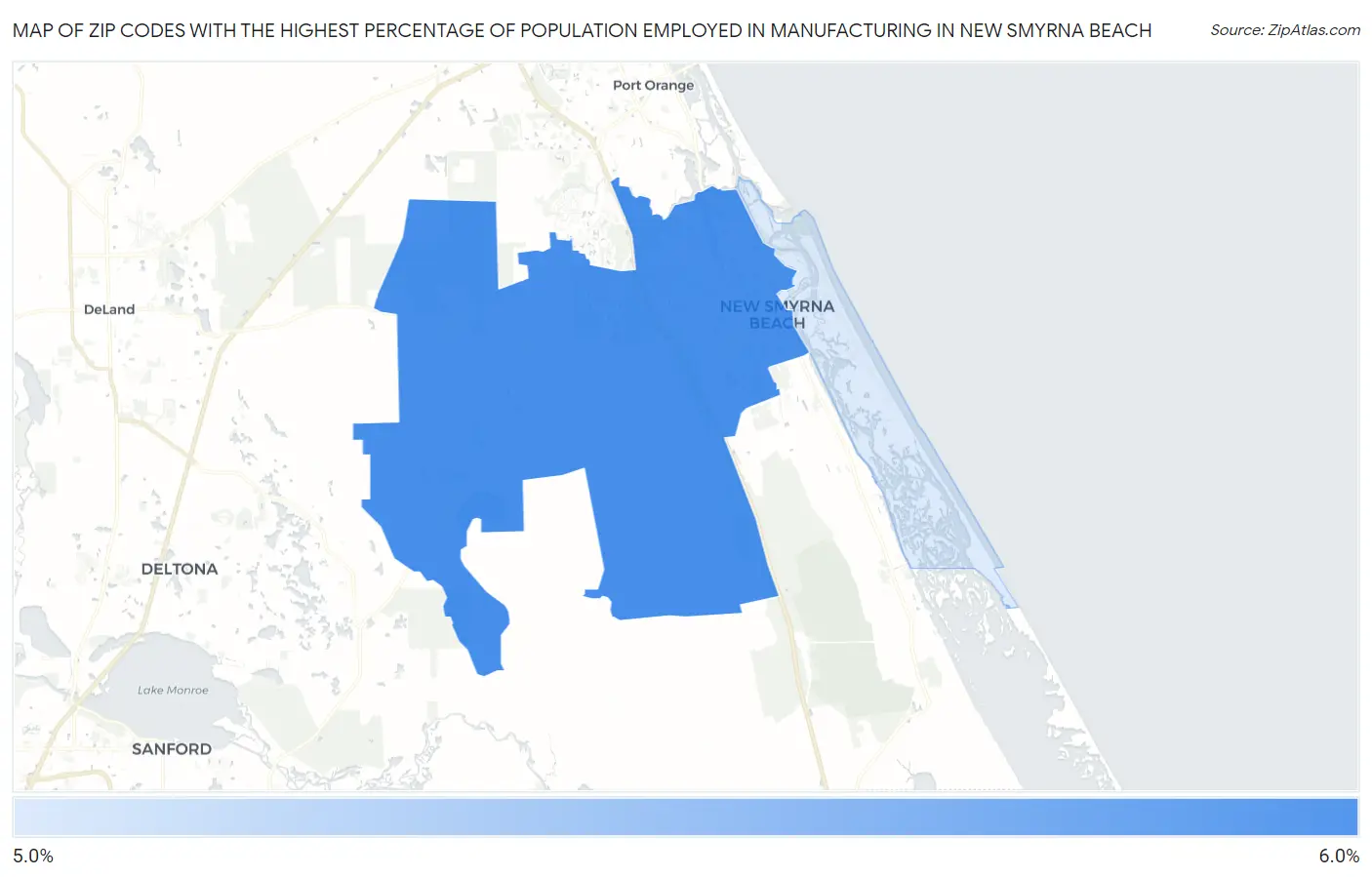 Zip Codes with the Highest Percentage of Population Employed in Manufacturing in New Smyrna Beach Map