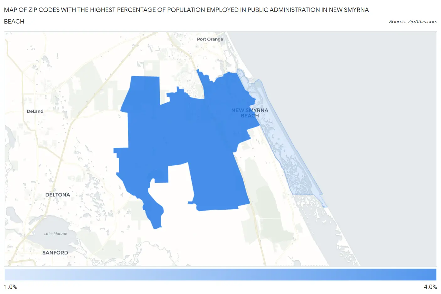 Zip Codes with the Highest Percentage of Population Employed in Public Administration in New Smyrna Beach Map