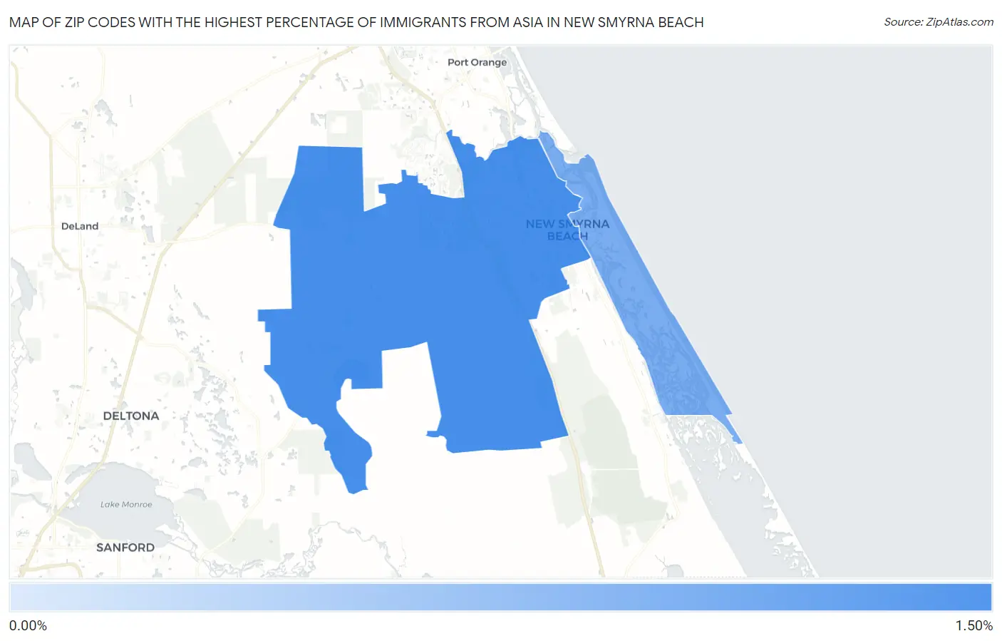 Zip Codes with the Highest Percentage of Immigrants from Asia in New Smyrna Beach Map
