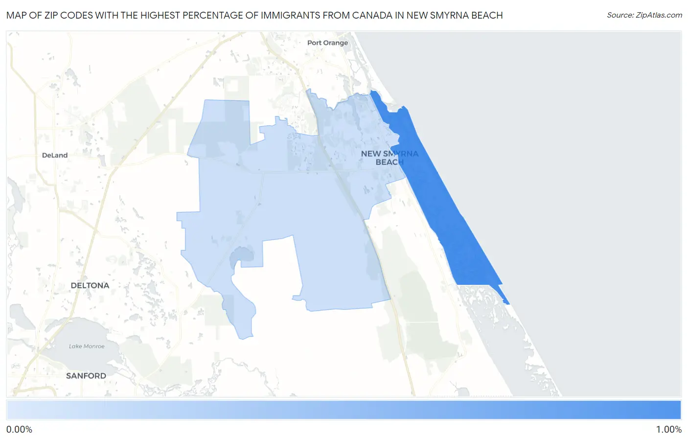 Zip Codes with the Highest Percentage of Immigrants from Canada in New Smyrna Beach Map