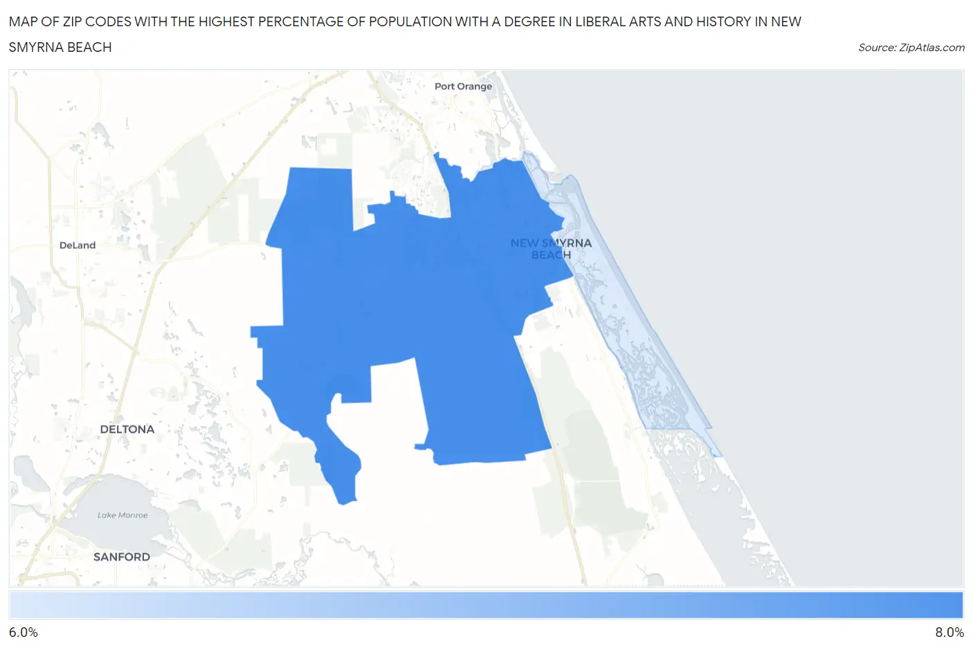 Zip Codes with the Highest Percentage of Population with a Degree in Liberal Arts and History in New Smyrna Beach Map