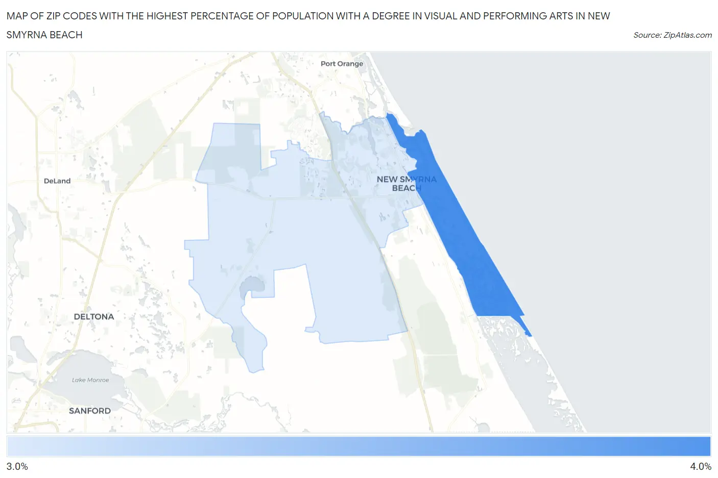 Zip Codes with the Highest Percentage of Population with a Degree in Visual and Performing Arts in New Smyrna Beach Map
