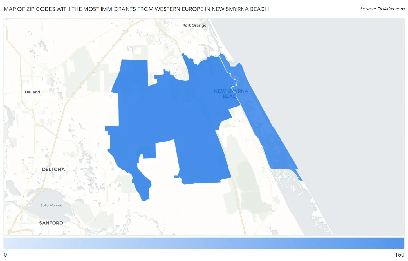 Zip Codes with the Most Immigrants from Western Europe in New Smyrna Beach Map