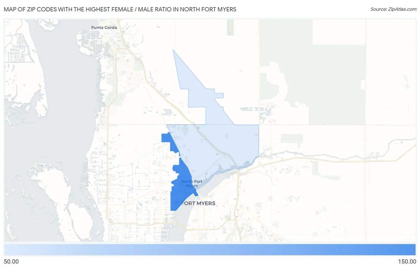 Zip Codes with the Highest Female / Male Ratio in North Fort Myers Map