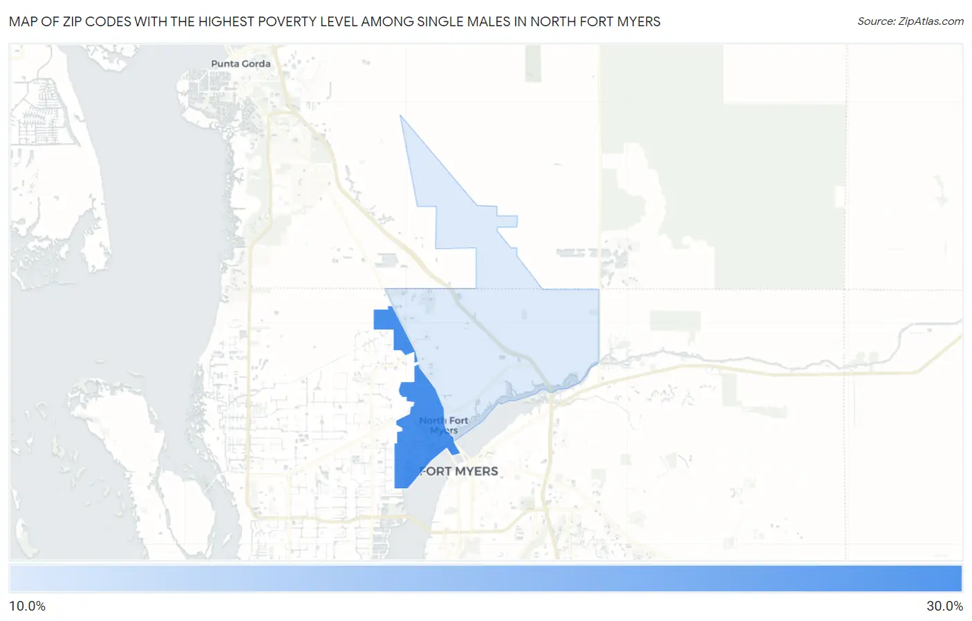 Zip Codes with the Highest Poverty Level Among Single Males in North Fort Myers Map