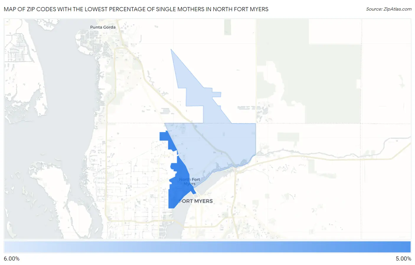 Zip Codes with the Lowest Percentage of Single Mothers in North Fort Myers Map